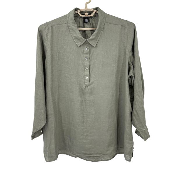 JNY Jones New York 100% Linen Tunic Popover Blouse Top Moss Green Size 2X - Picture 1 of 5